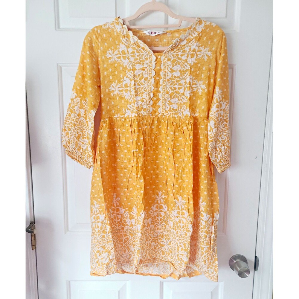 BIBA Yellow Printed Cotton Woven Kurta Tunic Top Women Size 32
